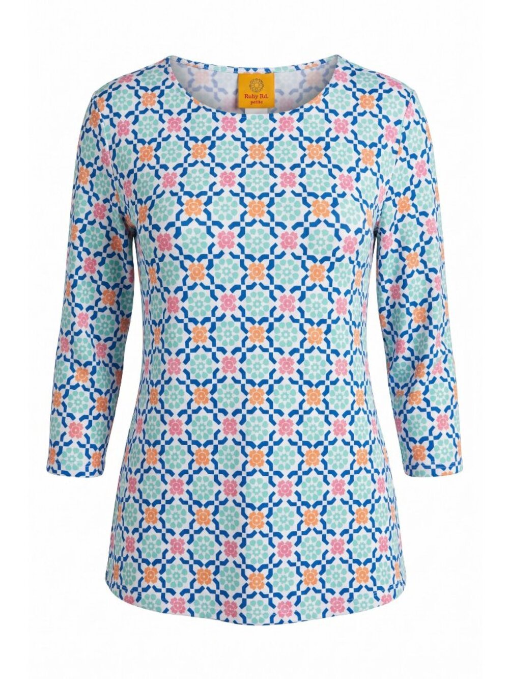 Ruby Rd Women Petite PM Top Geometric Print 3/4 Sleeve Stretch Blouse Multicolor